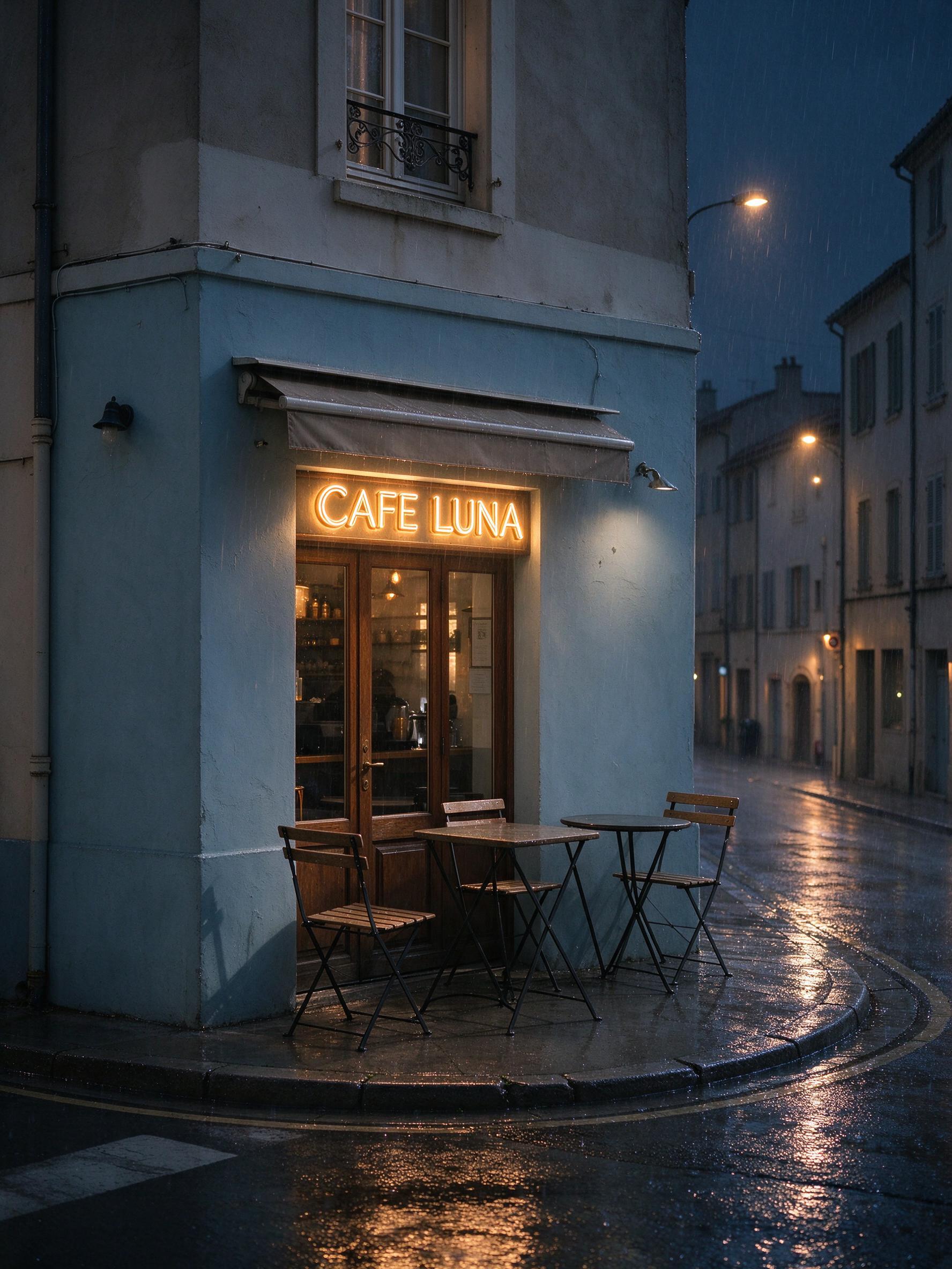 Seedream 5.0 Flash: Make it a rainy night: wet reflective street, warm light inside the cafe, a glowing neon sign that reads "CAFE LUNA" above the door. Keep the buildings and the camera angle.