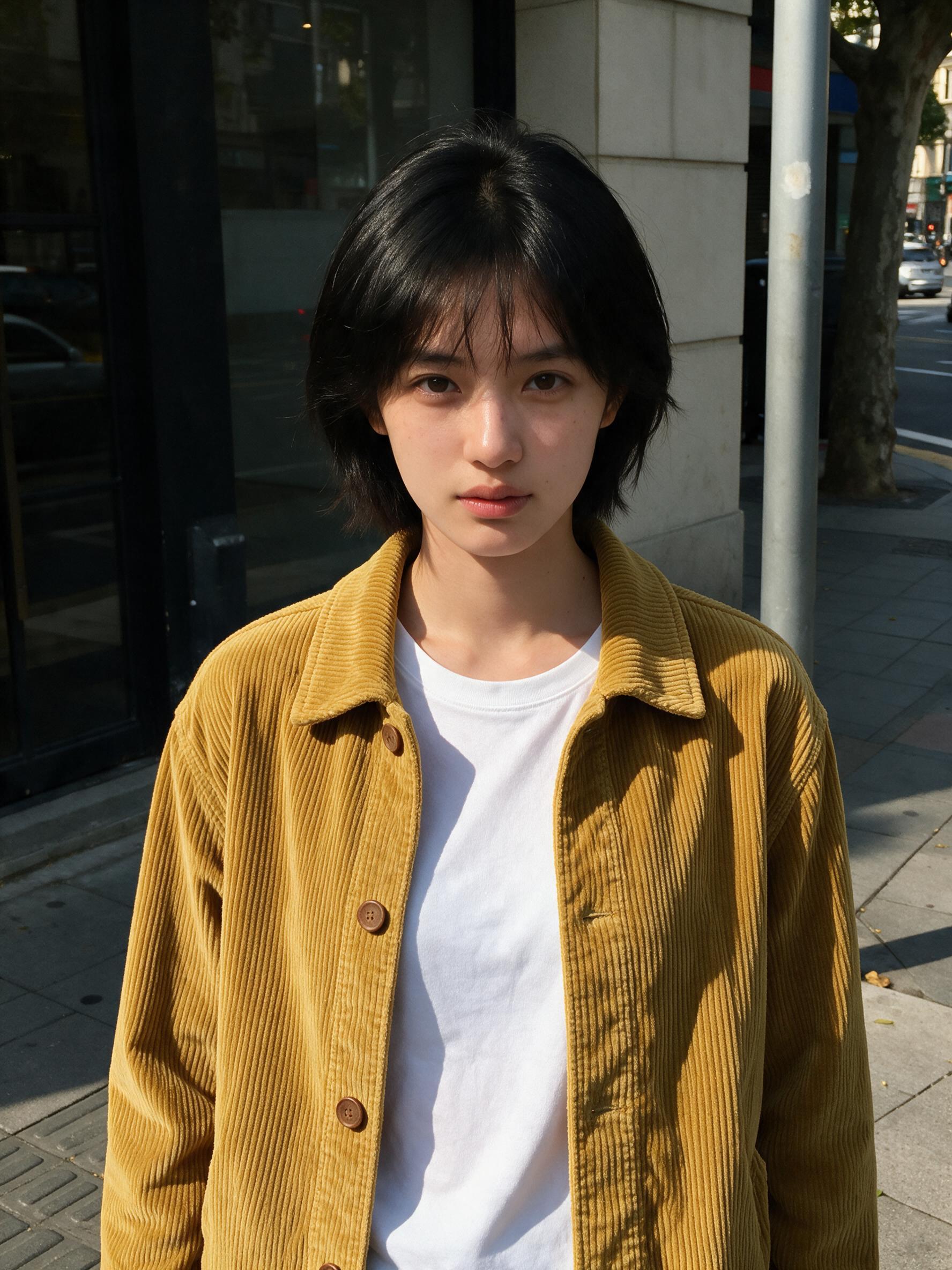 Seedream 5.0 Pro: Put the jacket from Image 2 on the woman in Image 1, worn open over her t-shirt. Keep her face, hair, pose and the street exactly the same.