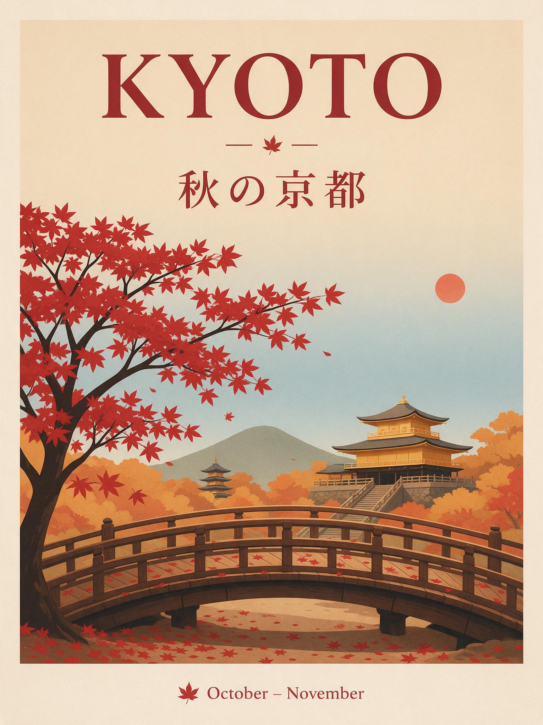 Seedream 5.0 Pro: A travel poster for Kyoto in autumn: a red maple tree over a wooden temple bridge, bold headline "KYOTO" at the top, the Japanese line "秋の京都" under it, small text "October – November" at the bottom, clean flat print style.