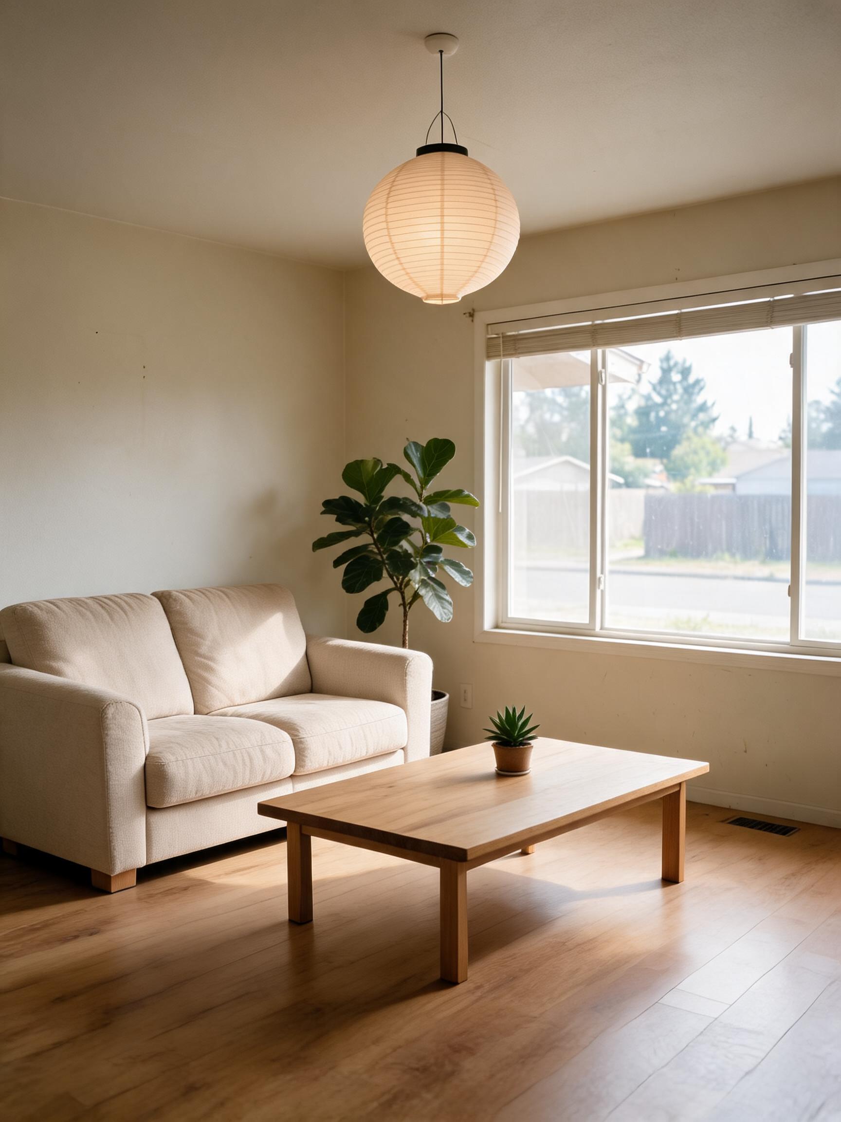 Seedream 5.0 Lite: Restyle this living room in a warm Japandi style: light oak floor, linen sofa, low wooden table, paper lamp and a few plants. Keep the window, walls and room layout.