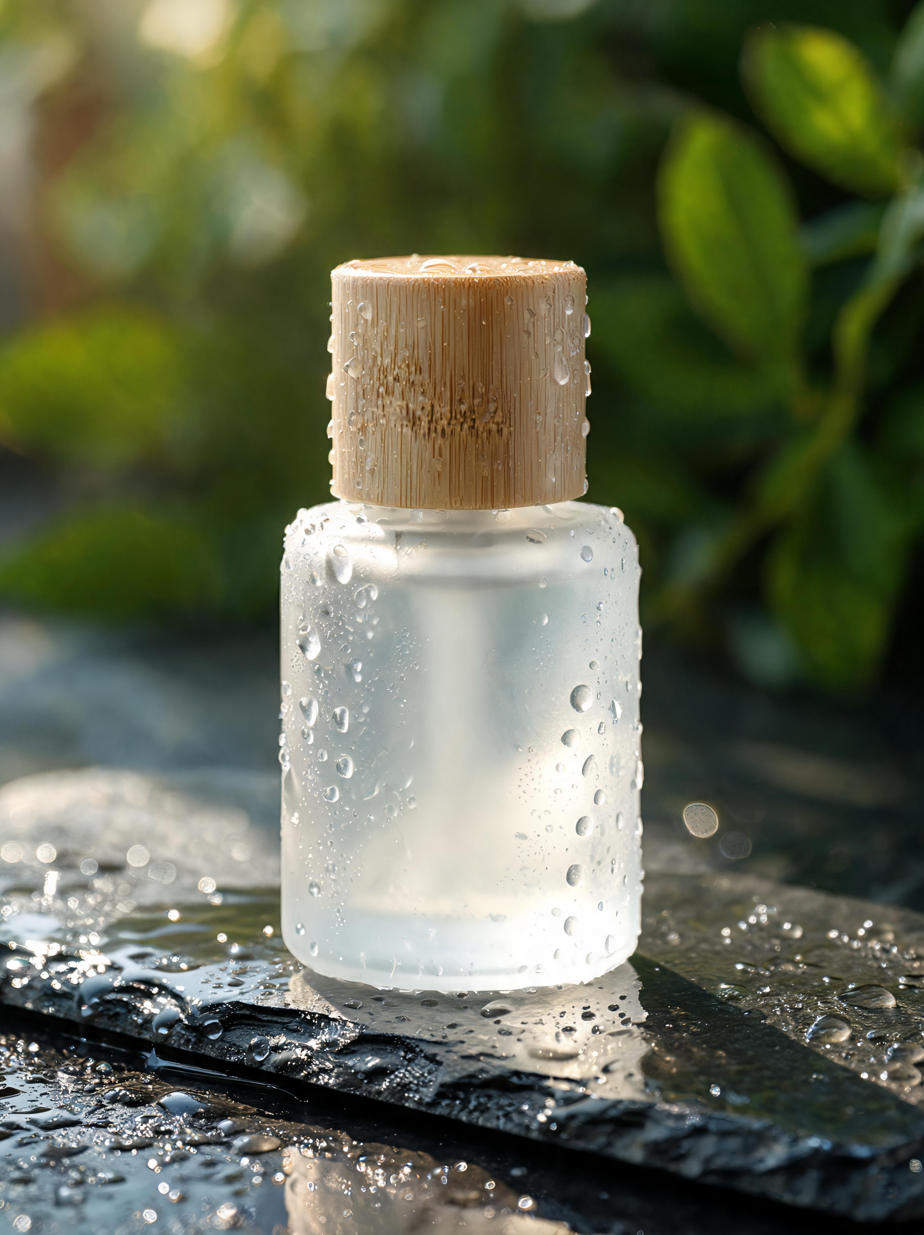 Seedream 5.0 Lite: Product photo of a frosted glass skincare bottle with a bamboo cap on a wet dark stone slab, water droplets, soft morning side light, blurred green leaves in the background, high detail.