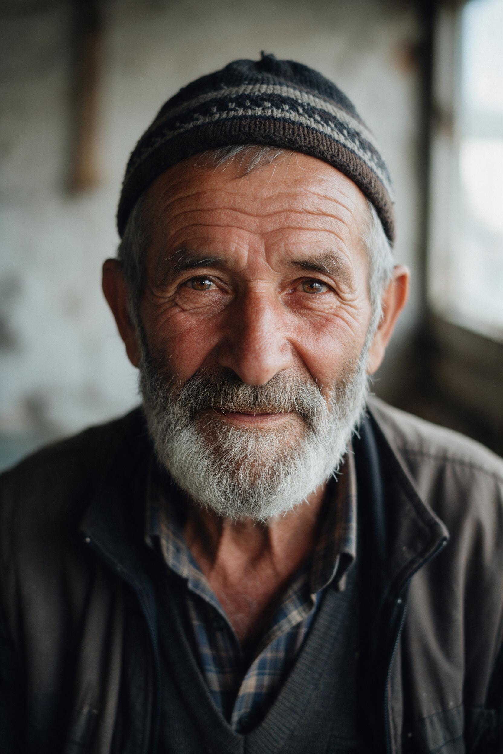Seedream 5.0 Pro: Close-up portrait of an elderly fisherman with a gray beard and a knitted cap, soft window light from the left, visible skin texture, shallow depth of field, 85mm film photo.